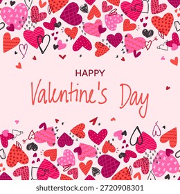 Valentine's day vector card with hand drawn hearts and textured doodle details. Festive Valentine's Day banner for greeting cards, gift packages, fabric prints, stationery design, love themed graphics