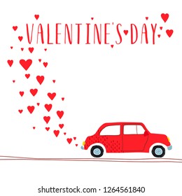 Valentines Day Vector Card Illustration Love Red Car With Hearts