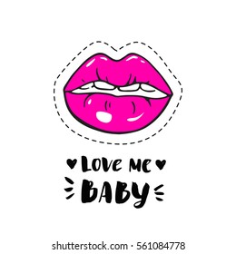 Valentines day vector card with lips and handwritten inscription: be mine forever. Modern pop art sketch and brush calligraphy.  Romantic vector background. 