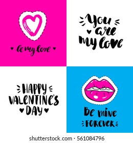 Valentines day vector card with lips, hearts and handwritten inscriptions. Modern pop art sketch and brush calligraphy.  Romantic vector background. 