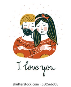 Valentine'S Day vector card. Lovely girl and boy embrace in scandinavian style with lettering - 'I love you'.
