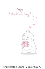 Valentine's Day vector card with mellow vibe. Flat cute little penguin holding a gift and the inscription Happy Valentine's Day, isolated on white. Flat vector greeting card, postcard for loved ones