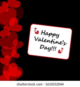 Valentine's day vector card with red translucent hearts and Happy Valentine's day lettering on a black background.