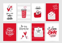 Valentines Day Vector Card Set With Hearts And Love Romantic Messages In Red, Grey And White Colours.