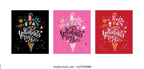Valentines day vector card set on flowers and hearts background. Festive poster template. Hand drawn lettering sign Love. 