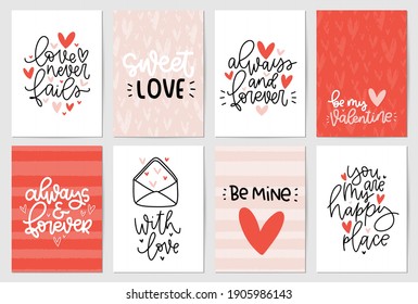 Valentines day vector card set with romantic greeting calligraphy text. Always and forever, love never fails, you are my happy place messages.