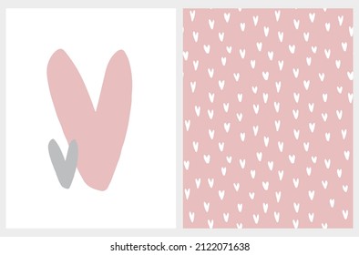 Tarjeta vectora de San Valentín con corazones simples rosas y grises aislados en un fondo blanco. Ilustración romántica ideal para tarjeta. Estilo Infantil Patrón de Seamless con corazones pequeños en un rosa.