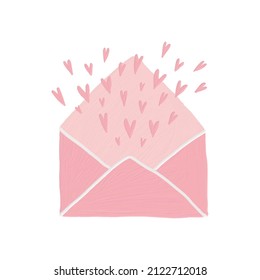 Valentine's Day Vector Card with Simple Pastel Pink Envelope with Hearts Isolated on a White Background. Romantic Illustration Ideal for Card, Poster, Wall Art. Infantile Style Love Message.