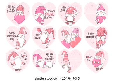 Valentines Day vector cards collection with cute hand drawn gnomes, hearts and letterings isolated on white background. Illustration set for gift tags print, greeting cards, banners