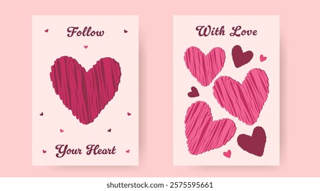 Valentine's Day vector cards feature naive, scribbled pink hearts. February 14 is a day of love, romance, and celebration. "With Love," "You're My Valentine."