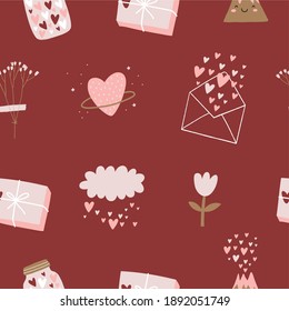 Valentine's Day - vector cards in flat style. Romantic seamless pattern with hearts