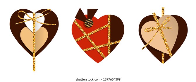 Valentines day vector cards with hearts. Red, chocolate colours with glitter and ropes. Paper cut, rustic, luxury present for lover.