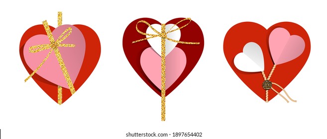 Tarjetas vectoriales del día de San Valentín con corazones. Colores rojos y rosados con brillo y cintas. Cortado de papel, rústico, regalo de lujo para los amantes.