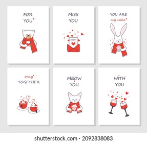 Valentine's day vector cards set with romantic greeting text and cute animals. Only together,  for you, miss you, with you. Glasses of wine. Hearts. 