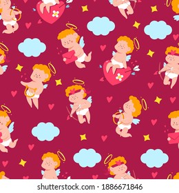 Valentines day vector cartoon seamless pattern with cute cupid.