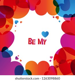 Valentines Day vector colorful square frame. Lettering and simple heart shapes. Color gradient trend 2019, white background