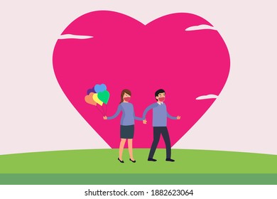 Valentines day vector concept. Couple wearing face mask and walking together while holding hands with red heart symbol background