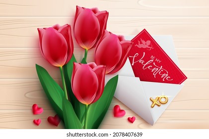Diseño del concepto vectorial de San Valentín. Elementos del día de San Valentín del ramo de tulipanes y la carta invitación para el regalo de los corazones románticos y el saludo de postales. Ilustración vectorial.
