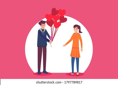 Valentine's Day vector concept: man giving heart shape balloons and a pink flower to his girlfriend