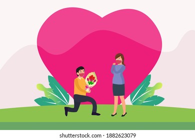 Valentines day vector concept. Man in face mask giving flowers to his girlfriend with heart symbol background