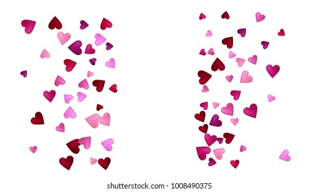 Valentines Day Vector Confetti Border. Falling Down Tender Showering Pink, Red Hearts. Wide Valentines Day Background, Trendy Hearts Garland. Nice Romantic Frame, Border, Banner Wedding Design.