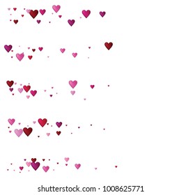 Valentines Day Vector Confetti Border. Falling Down Glitter, Showering Pink, Red Hearts. Love Valentines Day Background, Sparkling Hearts Garland. Rose Romantic Wedding Frame, Border, Banner Design.