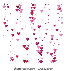 Valentines Day Vector Confetti Border. Falling Down, Flying, Showering Pink, Red Hearts. Love Valentines Day Background, Modern Sparkling Garland. Fall Romantic Frame, Border, Banner Wedding Design.