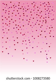Valentines Day Vector Confetti Pattern. Falling Down Petals, Showering Pink, Red Hearts. Love Valentines Day Background, Glitter Sparkling Garland. Nice Romantic Frame, Border, Banner Wedding Design.