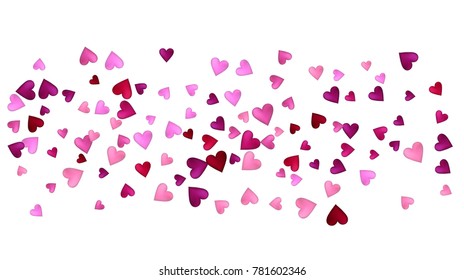 Valentines Day Vector Confetti Pattern. Falling Down, Flying, Showering Pink, Red Hearts. Wide Valentines Day Background, Minimal Hearts Garland. Fall Romantic Frame, Border, Banner Wedding Design.