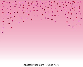Valentines Day Vector Confetti Pattern. Falling Down Petals, Showering Pink, Red Hearts. Wide Valentines Day Background, Celebration Hearts Garland Rose Romantic Wedding Frame, Border, Banner Design.