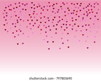 Valentines Day Vector Confetti Pattern. Falling Down Tender Showering Pink, Red Hearts. Love Valentines Day Background, Sparkling Hearts Garland. Nice Romantic Frame, Border, Banner Wedding Design.