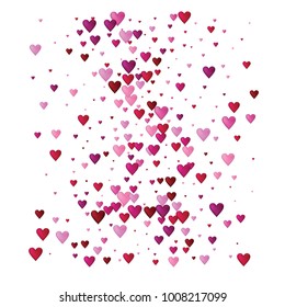Valentines Day Vector Confetti Texture. Falling Down, Flying, Showering Pink, Red Hearts. Love Valentines Day Background, Minimal Sparkling Garland. Rose Romantic Frame, Border, Banner Wedding Design.