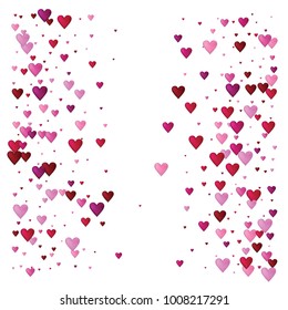 Valentines Day Vector Confetti Texture. Falling Down Petals, Showering Pink, Red Hearts. Wide Valentines Day Background, Minimal Hearts Garland. Cool Romantic Frame, Border, Banner Wedding Design.