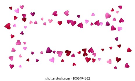 Valentines Day Vector Confetti Texture. Falling Down Glitter, Showering Pink, Red Hearts. Wide Valentines Day Background, Trendy Hearts Garland. Cool Romantic Frame, Border, Banner Wedding Design.