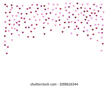 Valentines Day Vector Confetti Texture. Falling Down Tender Showering Pink, Red Hearts. Wide Valentines Day Background, Celebration Hearts Garland Nice Romantic Frame, Border, Banner Wedding Design.