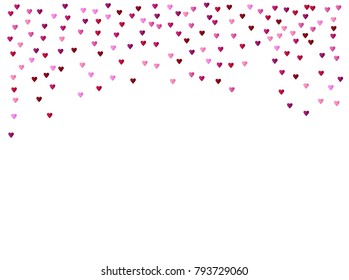 Valentines Day Vector Confetti Texture. Falling Down Glitter, Showering Pink, Red Hearts. Wide Valentines Day Background, Trendy Hearts Garland. Rose Romantic Wedding Frame, Border, Banner Design.