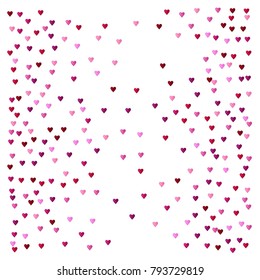 Valentines Day Vector Confetti Texture. Falling Down Petals, Showering Pink, Red Hearts. Love Valentines Day Background, Glitter Sparkling Garland. Rose Romantic Wedding Frame, Border, Banner Design.