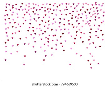 Valentines Day Vector Confetti Texture. Falling Down Tender Showering Pink, Red Hearts. Love Valentines Day Background, Glitter Sparkling Garland. Rose Romantic Wedding Frame, Border, Banner Design.
