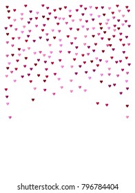 Valentines Day Vector Confetti Texture. Falling Down Petals, Showering Pink, Red Hearts. Love Valentines Day Background, Glitter Sparkling Garland. Fall Romantic Frame, Border, Banner Wedding Design.