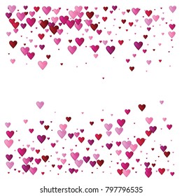 Valentines Day Vector Confetti Texture. Falling Down Tender Showering Pink, Red Hearts. Love Valentines Day Background, Minimal Sparkling Garland. Cool Romantic Frame, Border, Banner Wedding Design.