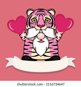 Valentine's Day vector with cute gnomes in pink tiger costume.