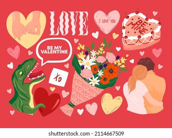 Valentine's Day! Vector cute illustrations of a man and a woman in love, a bouquet of flowers, a dino with a heart, pinky promise. Drawings for postcard, card, congratulations, stickers and poster. 