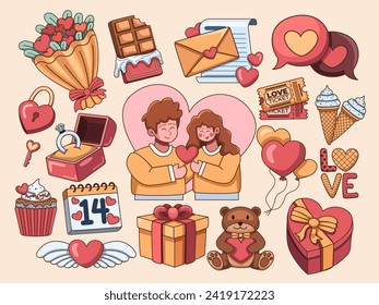 Valentine's Day vector cute illustrations featuring hearts, couples, flowers, present, love letter, present, and more. Ideal for creating delightful Valentine's Day cards, decorations, etc