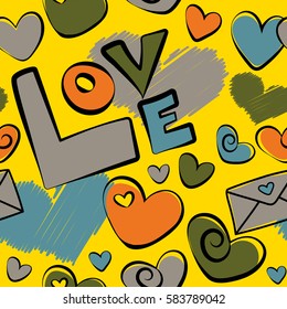 Valentines day vector decoration. Vector illustration. Vector romantic seamless pattern with hearts for your design in green, yellow and orange colors.