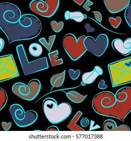 Valentines day vector decoration on black background. Vector illustration. Vector romantic seamless pattern with hearts for your design in yellow, red and blue colors.