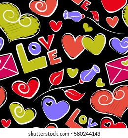 Valentines day vector decoration on black background. Vector illustration. Vector romantic seamless pattern with hearts for your design in red, yellow and violet colors.