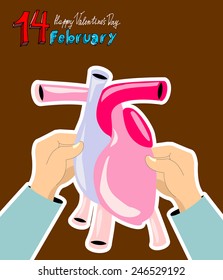 Valentine's Day Vector Design. Announcement and Celebration Message Poster, Flyer. Hands and sredtse, gives anatomy heart