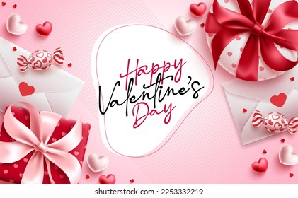 Valentine's day vector design background. Happy valentine's day text with gift boxes and love letter elements. Vector illustration greeting card design. 