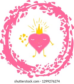 Valentines day vector design. Cartoon style character pink heart with crown.