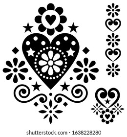 Valentine's Day vector design elements set for greeting card or wedding invitation - Scandinavian style patterns with hearts and flowers. Cute floral ornaments collection in black on white background